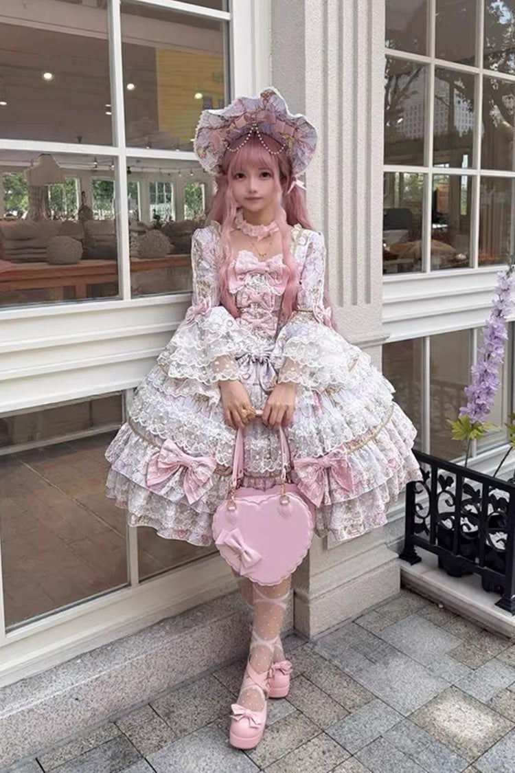 Purple Candlelight Elegance Long Trumpet Sleeves Multi-Layered Ruffle Bowknot Lace Sweet Elegant Lolita Dress