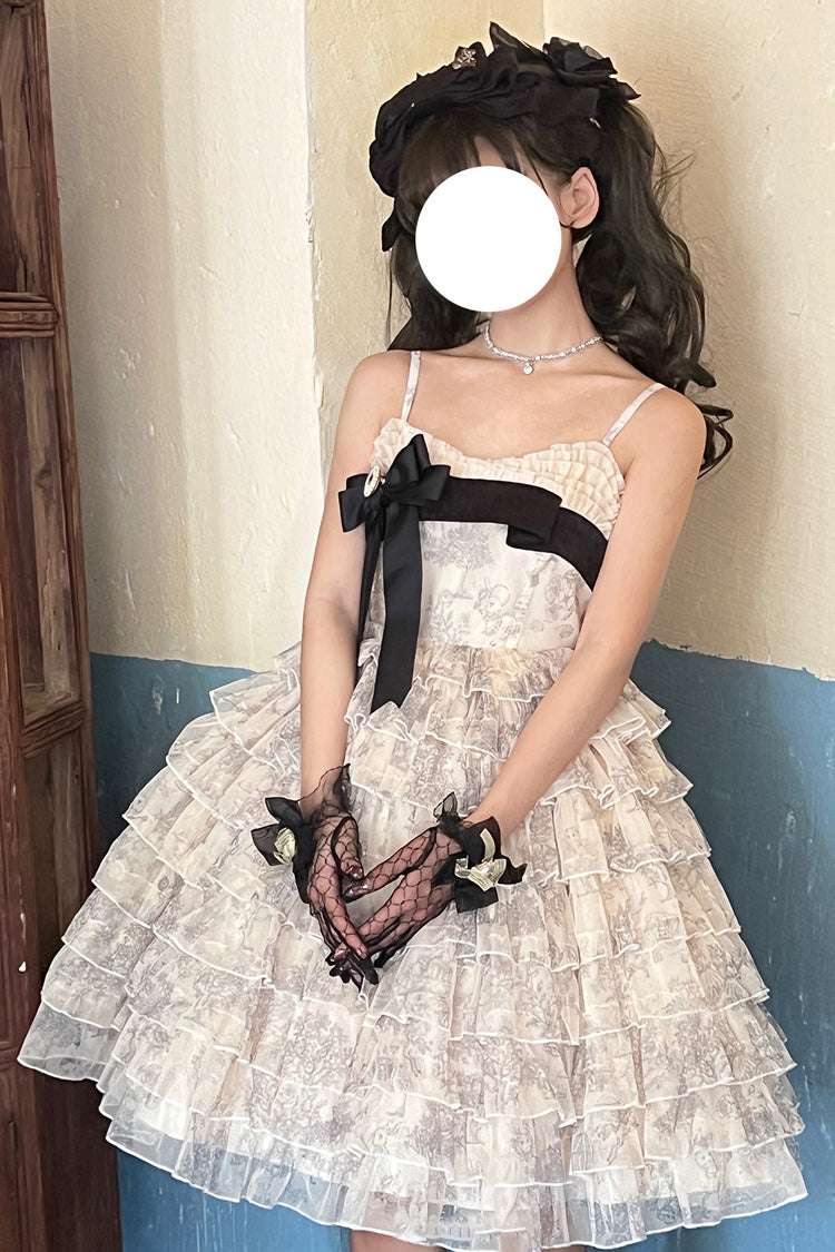 Multi-Color Wonderland Travels Multi-Layered Print Ruffle Bowknot Sweet Lolita Tiered Dress