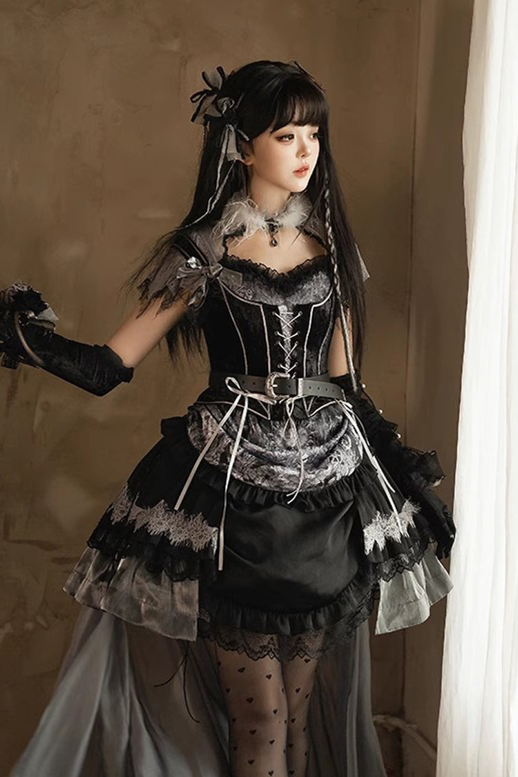 Black Dark Night Rose Short Sleeves Print Ruffle Bowknot Lace Asymmetric Gothic Lolita Dress