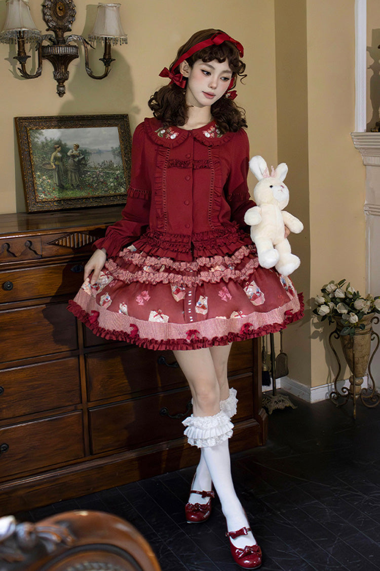 Red Bell Strawberry Farm Print Ruffle Embroidery Sweet Lolita Skirt