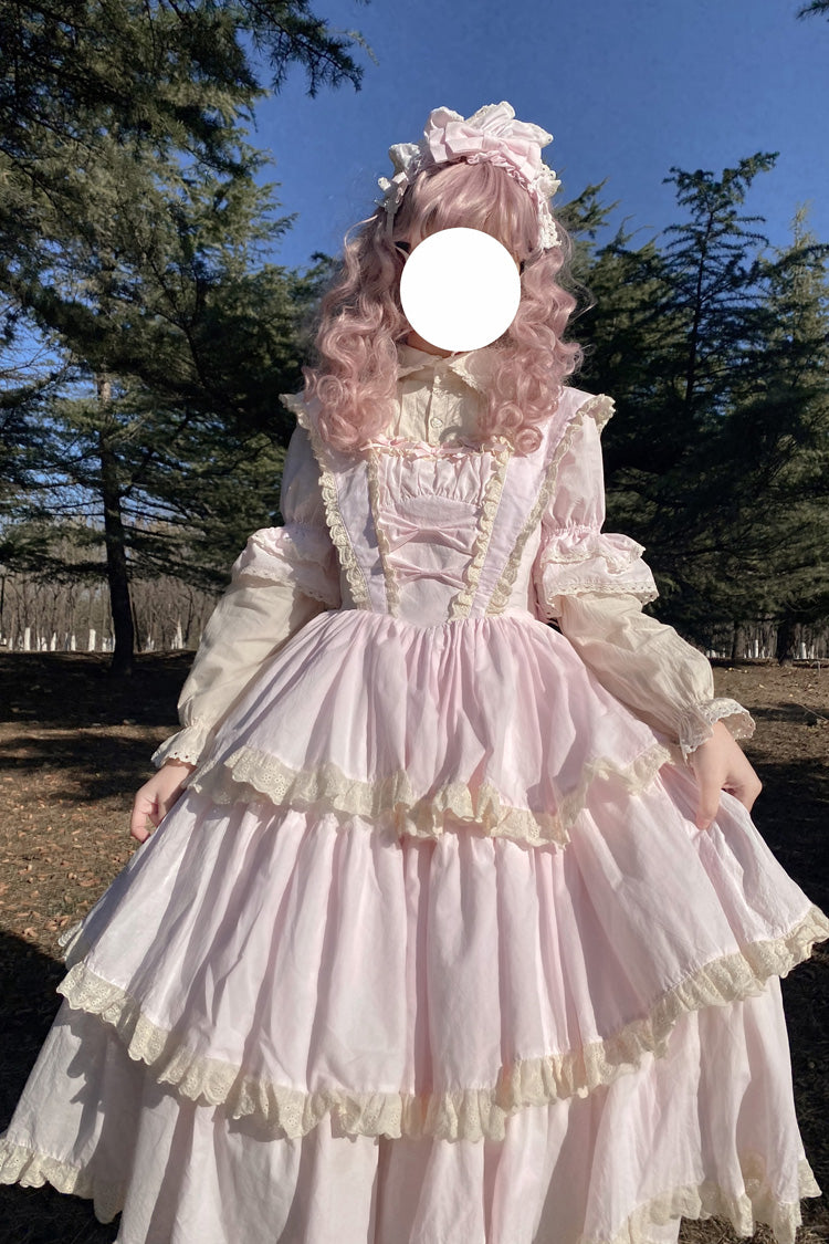 Pink Lapel Collar Long Sleeves High Waisted Multi-layer Bowknot Sweet Lolita Dress