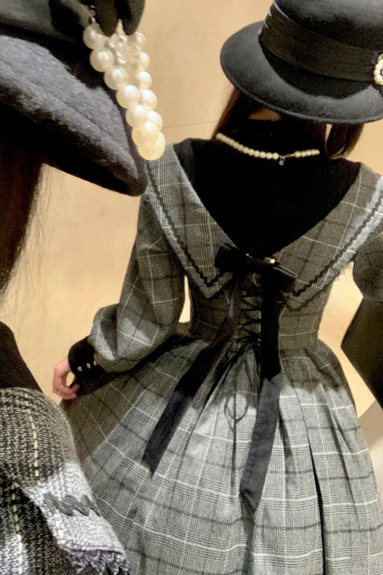 Grey Fontainebleau Long Sleeves Plaid Print Bowknot Elegant Sweet Lolita Dress