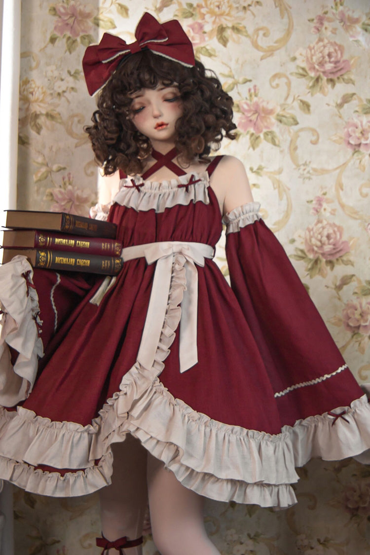 Red Monet Estate Sleeveless High Waisted Ruffle Bowknot Asymmetric Gothic Lolita Jsk Dress