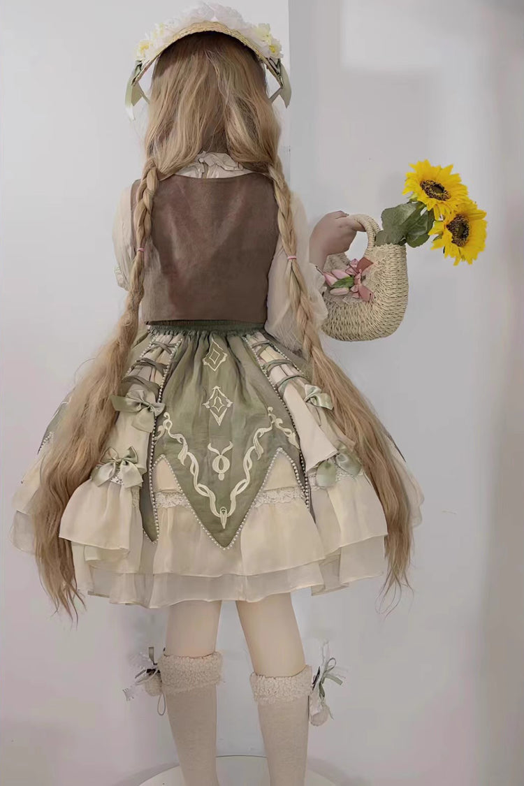 Green The Wizard of Oz Multi-Layered Print Ruffle Bowknot Sweet Lolita Dress Three Piece Set