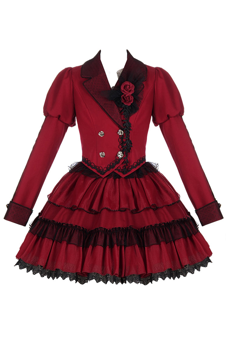 Red Gothic Punk Long Sleeves Removable Corsage Lolita Skirt Set