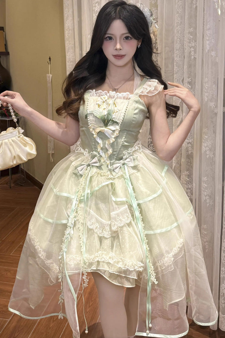 Green Lily of the Valley Summer Polka Dot Print Ruffle Bowknot Lace-Up Sweet Princess Lolita Jsk Dress