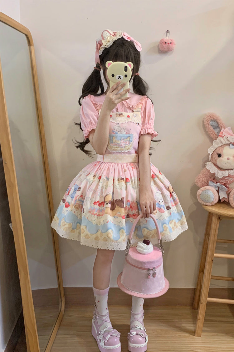 Cream Party Print Bowknot Stitching Lace Sweet Lolita Jsk Dress 3 Colors