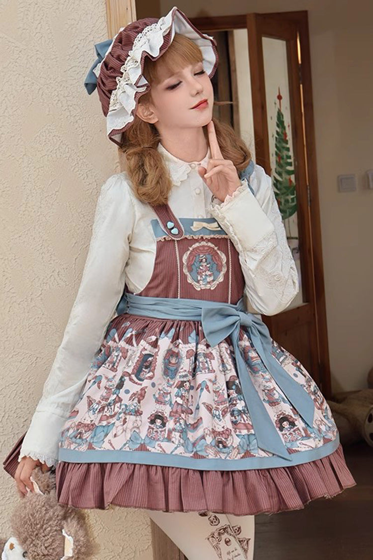 Brown Doll Print Ruffle Bowknot Sweet Lolita Strap Dress