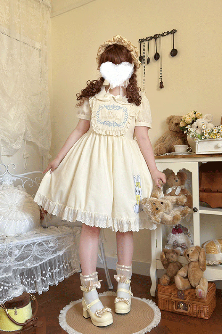 Apricot Sweet Dream Bunny Doll Collar Short Sleeves Ruffle Embroidery Bowknot Sweet Plus Size Lolita Dress