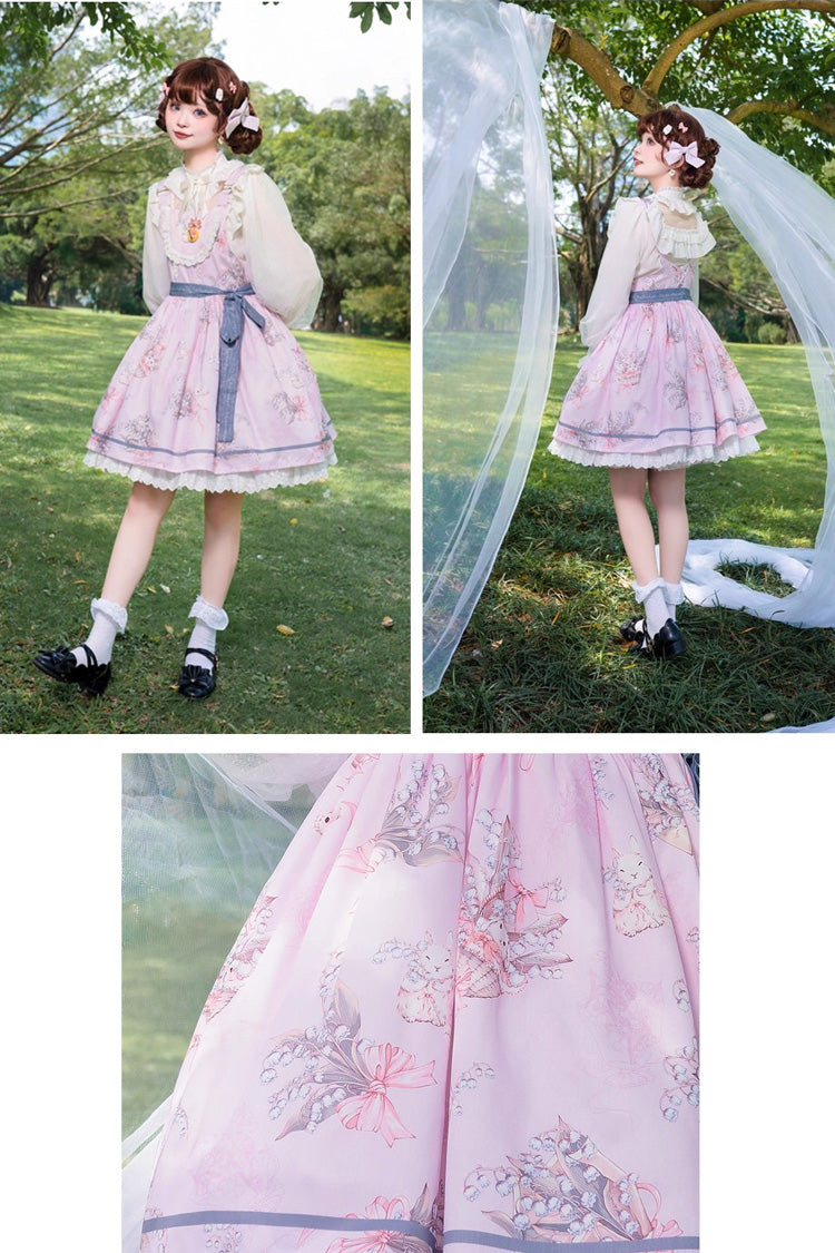 Pink Lily of the Valley Rabbit Sleeveless Print Ruffle Bowknot Daily Sweet Lolita Strap Dress