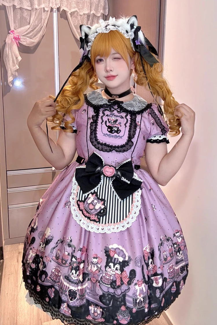 Purple Devil Cat Print Short Sleeves Ruffle Bowknot Lace Gothic Lolita OP Dress (Plus Size Support)