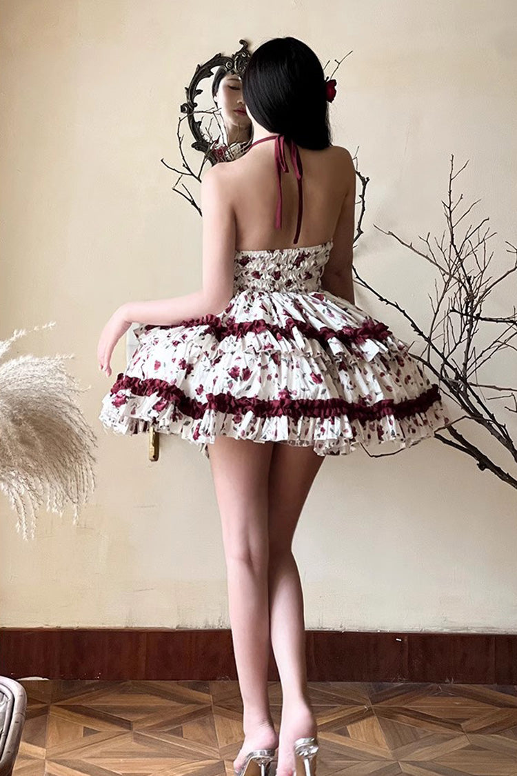 Red/White Halterneck Romantic Rose Print Ruffle Bowknot Sweet Chinese Style Lolita Dress