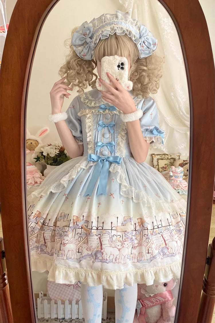 Blue Angel Lamb Lapel Collar Short Sleeves Printed Ruffled Bow Sweet Lolita Dress