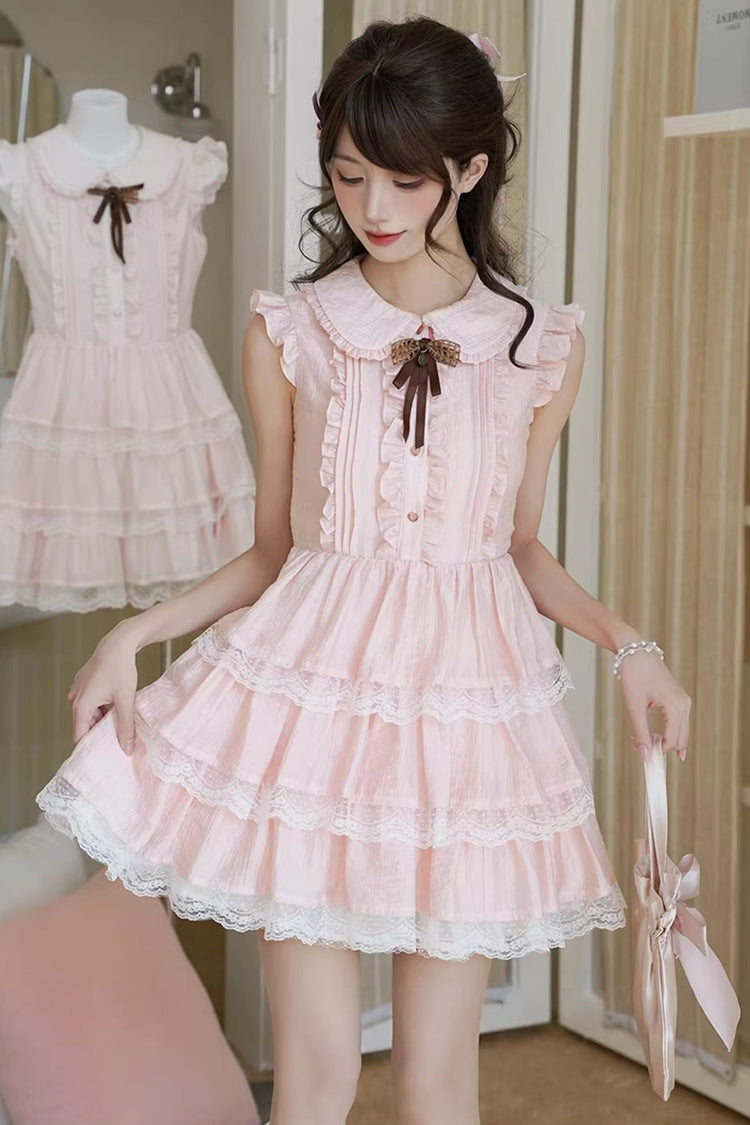 Pink Doll Collar Triple-Layered Ruffled Bow Lace Sweet Lolita Dress