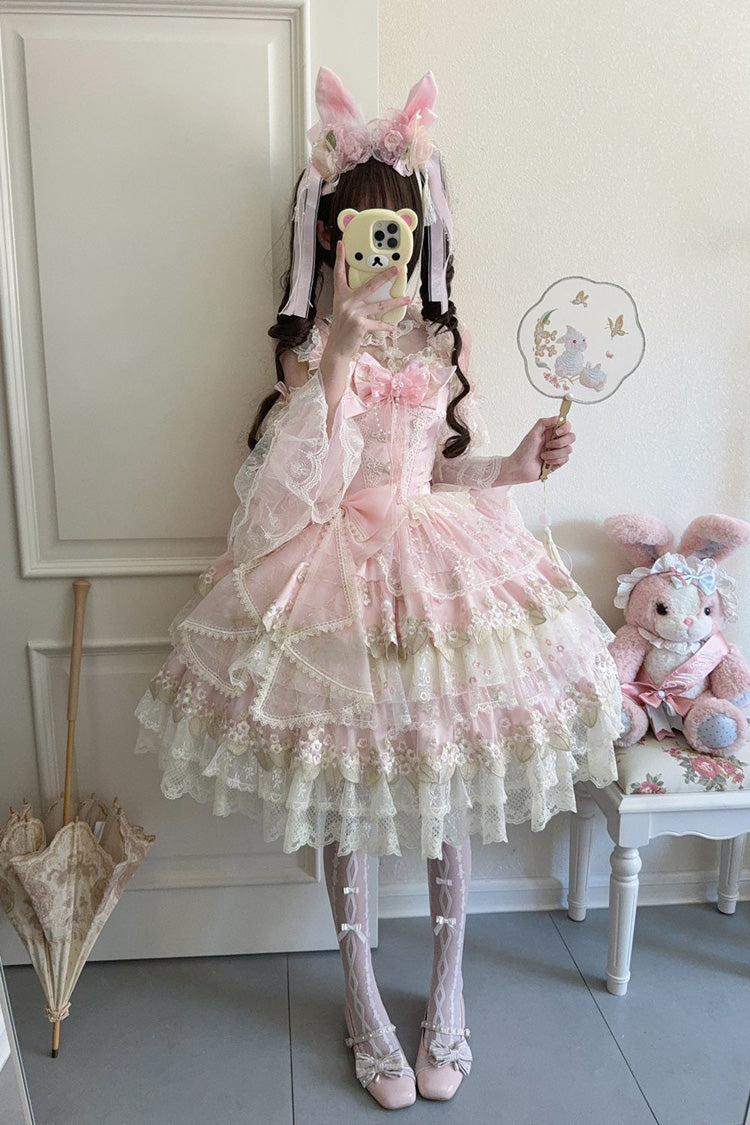 Pink Falling Flowers in the Rain Sleeveless Ruffle Embroidery Bowknot Sweet Chinese Style Lolita Jsk Dress