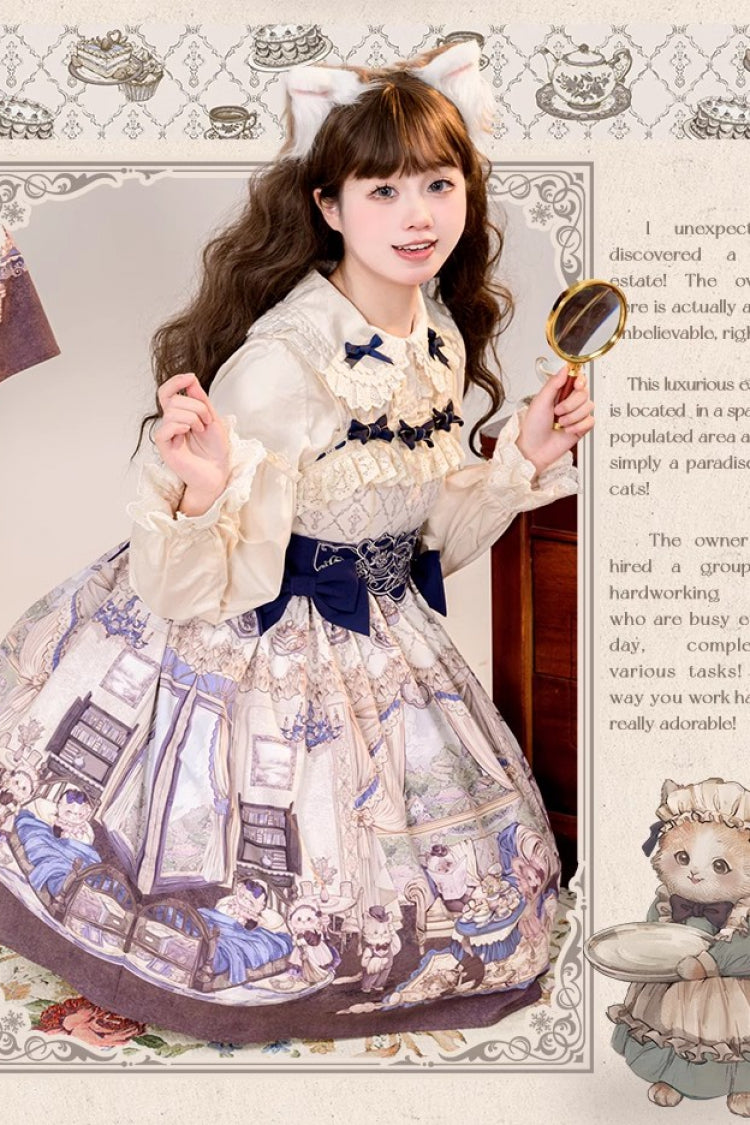Multi-Color Cat Manor Print Embroidery Bowknot Sweet Lolita JSK Dress
