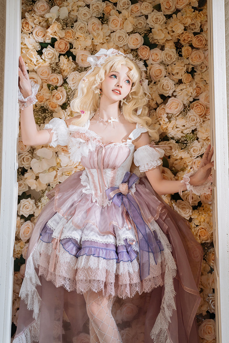 Pink/Purple Rose Memoirs Sleeveless Multi-Layered Bowknot Lace Sweet Lolita Skirt Set