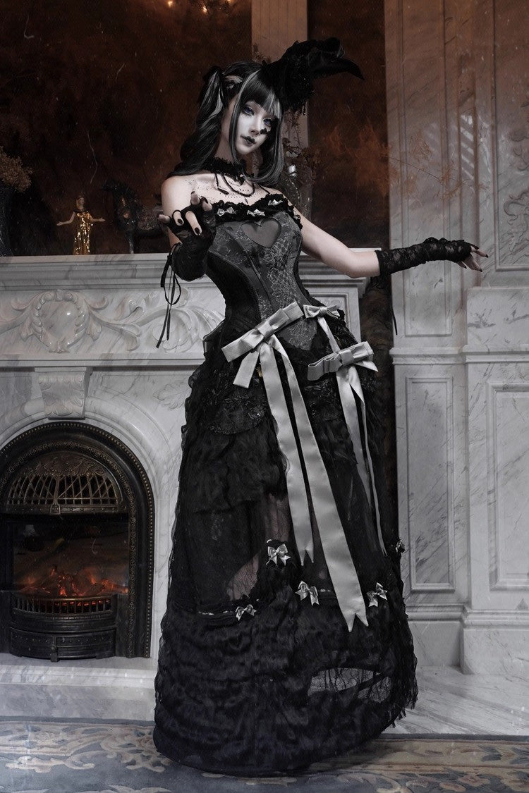 Black Cupid's Magic Box Basel French Ruffle Embroidery Bowknot Lace Gothic Elegant Lolita Long Skirt
