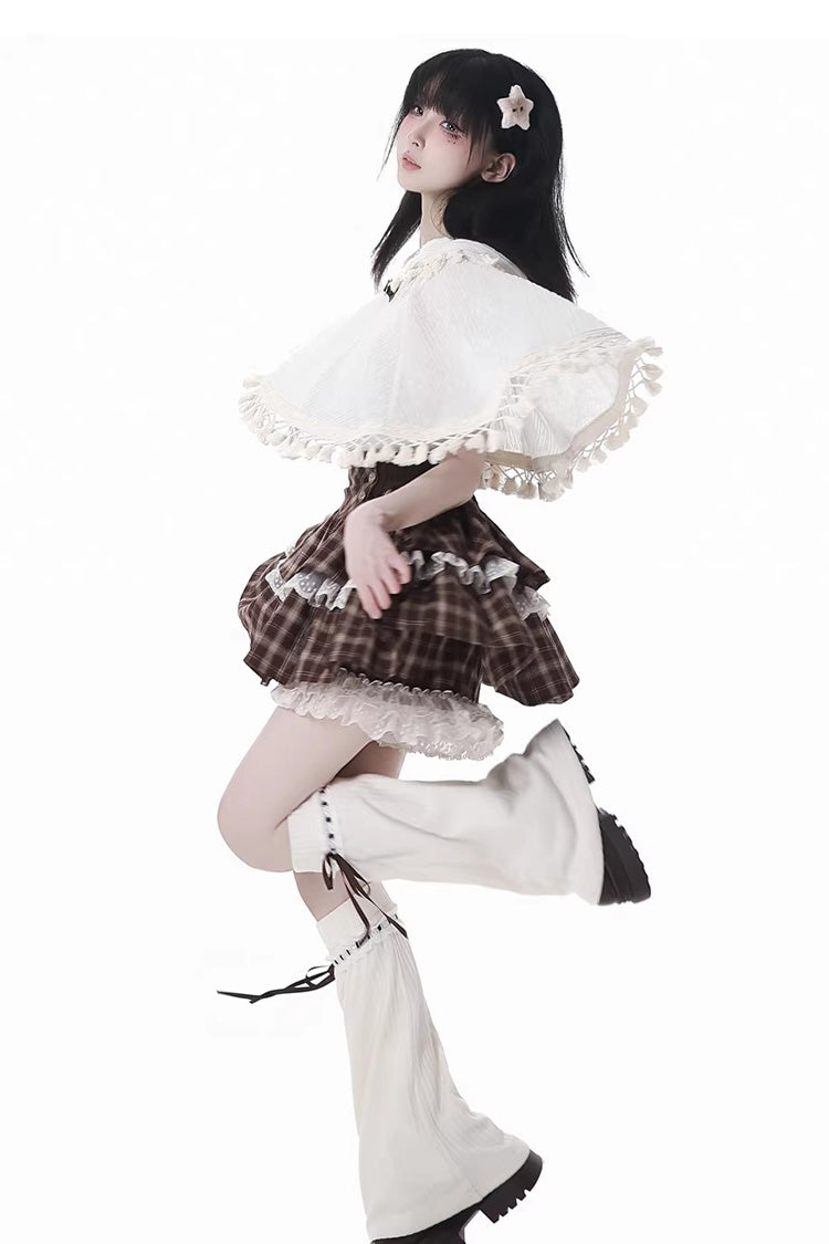 Brown Warm Summer Days Double-Layered Printed Ruffled Spliced Lace Sweet Lolita Skirt
