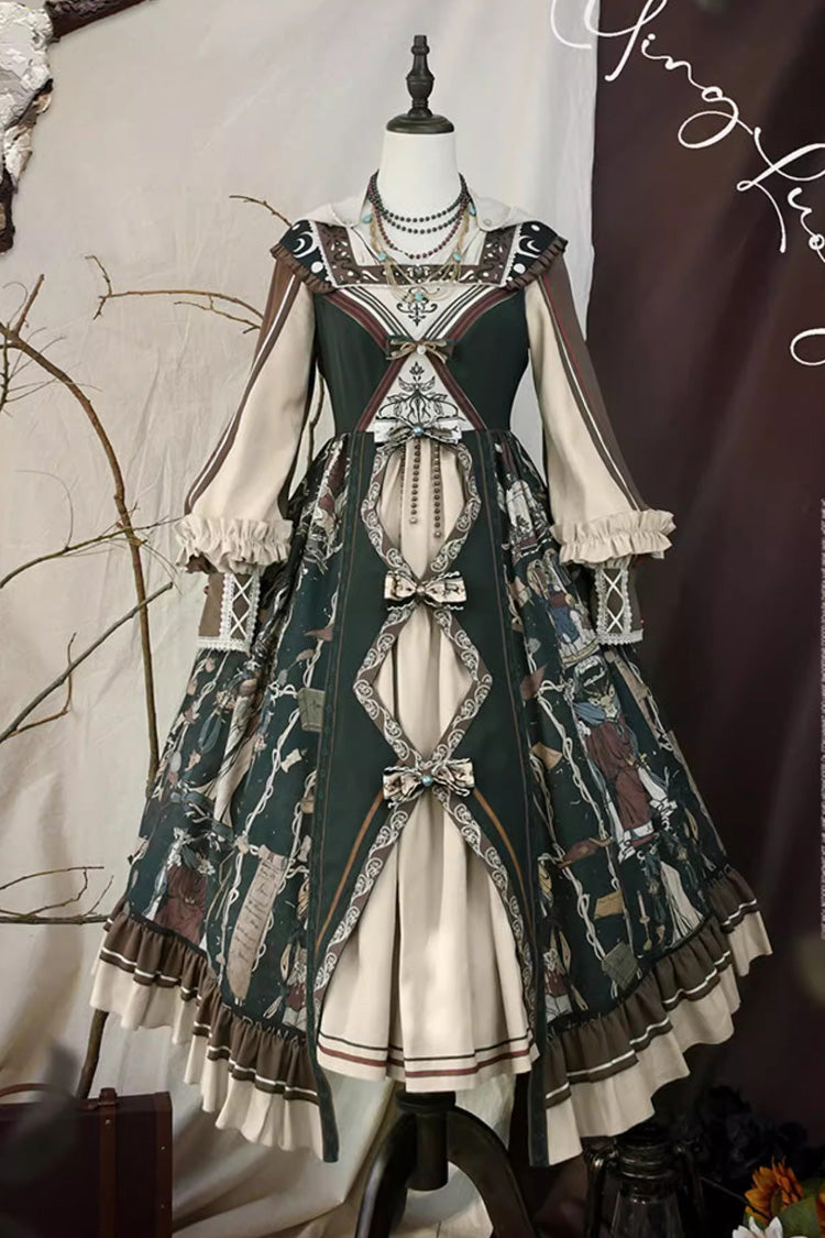 Dark Green Tarot Print Long Puff Sleeves Ruffle Bowknot Ripped Sweet Elegant Lolita Dress