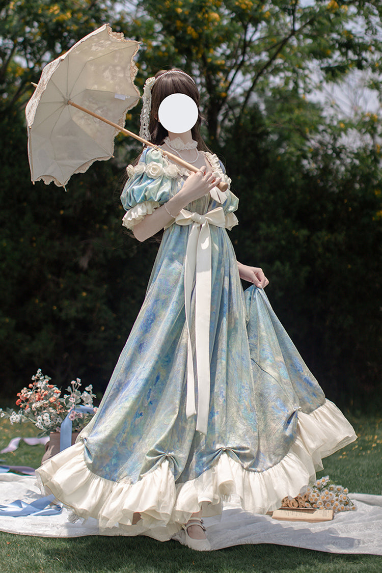 Blue Oil Painting Sun and Moon Poem Short Sleeves Print Ruffle Bowknot Sweet Princess Lolita Dress