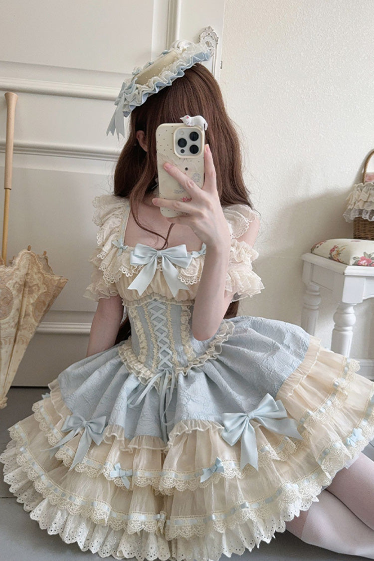 Blue Flory Butterfly Double-Layered Ruffle Bowknot Lace Lace-Up Sweet Ballet Lolita Jsk Dress