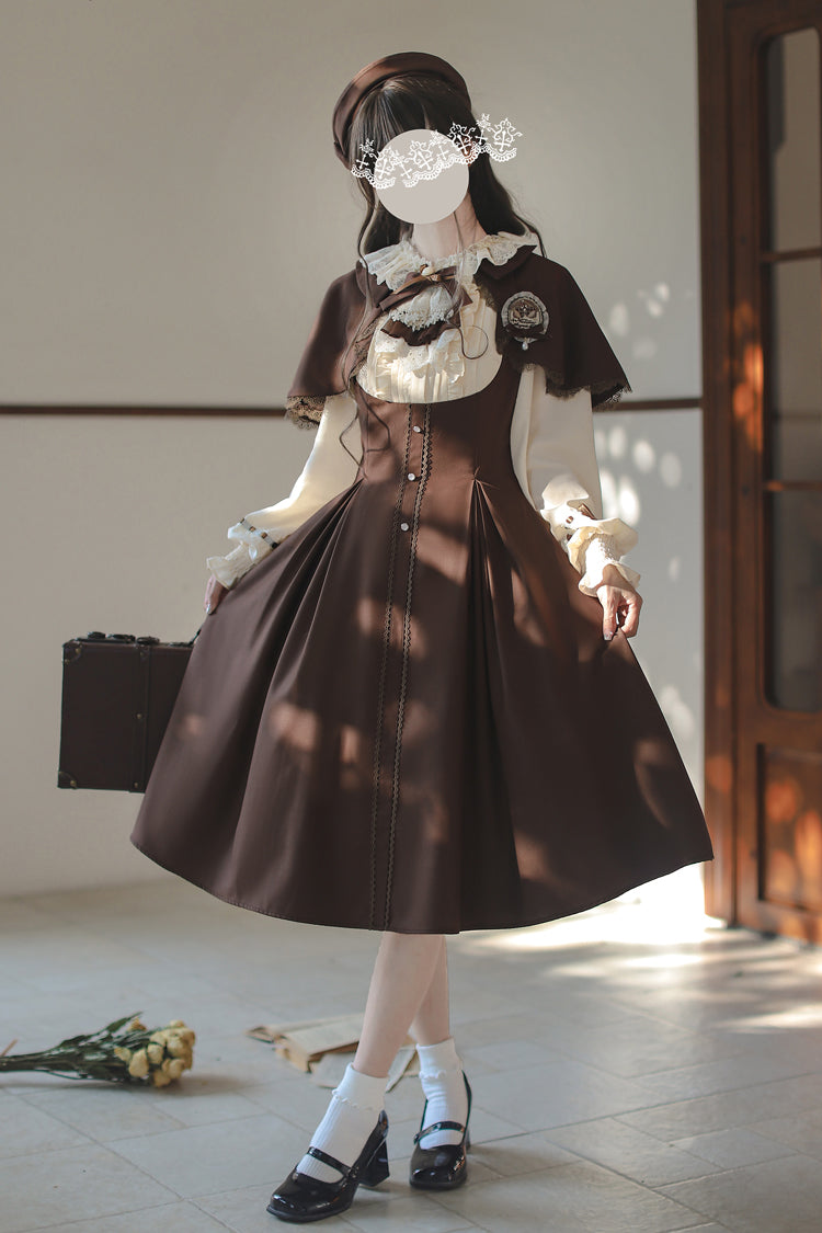 Brown/White Sunset Academy Long Sleeves Ruffle Bowknot Fake Two Pieces Vintage College Style Elegant Lolita Dress