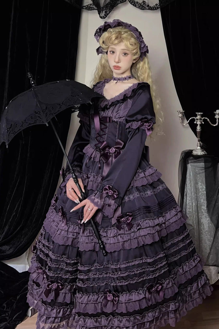 Purple Layered Blackcurrant Short Sleeves Ruffle Bowknot Lace Sweet Lolita Dress
