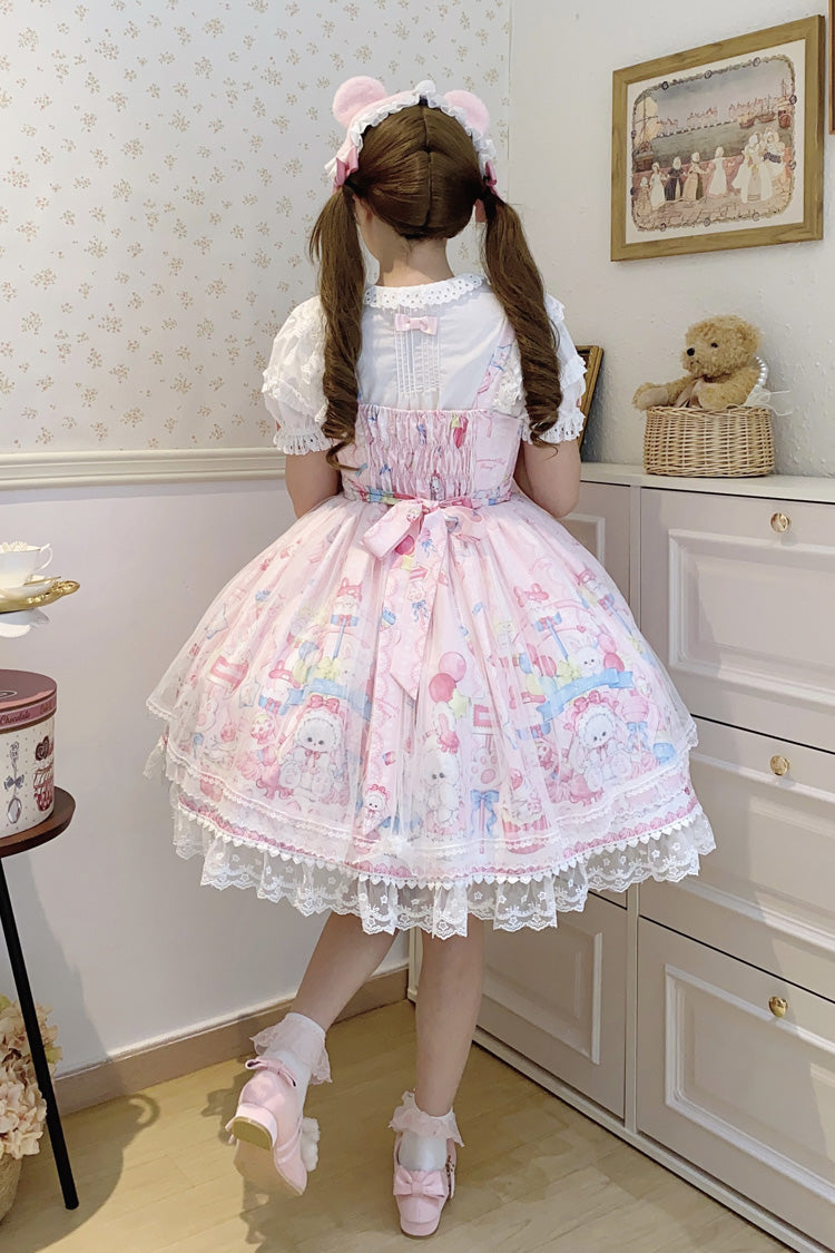 Pink Cute Rabbit Sweet Cake Print Ruffle Bowknot Lace Sweet Lolita Jsk Dress