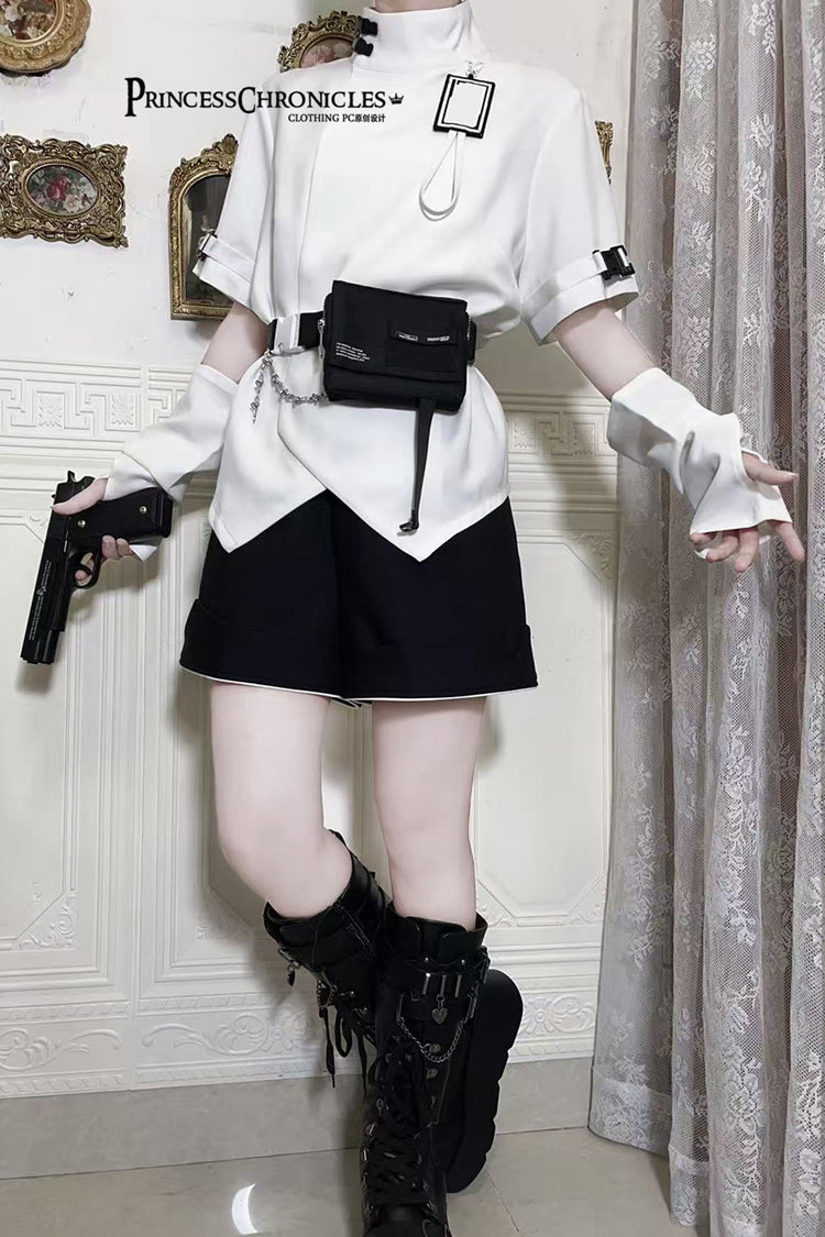 White Functional Style Stand Collar Short Sleeves Ouji Fashion Prince Handsome Lolita Blouse