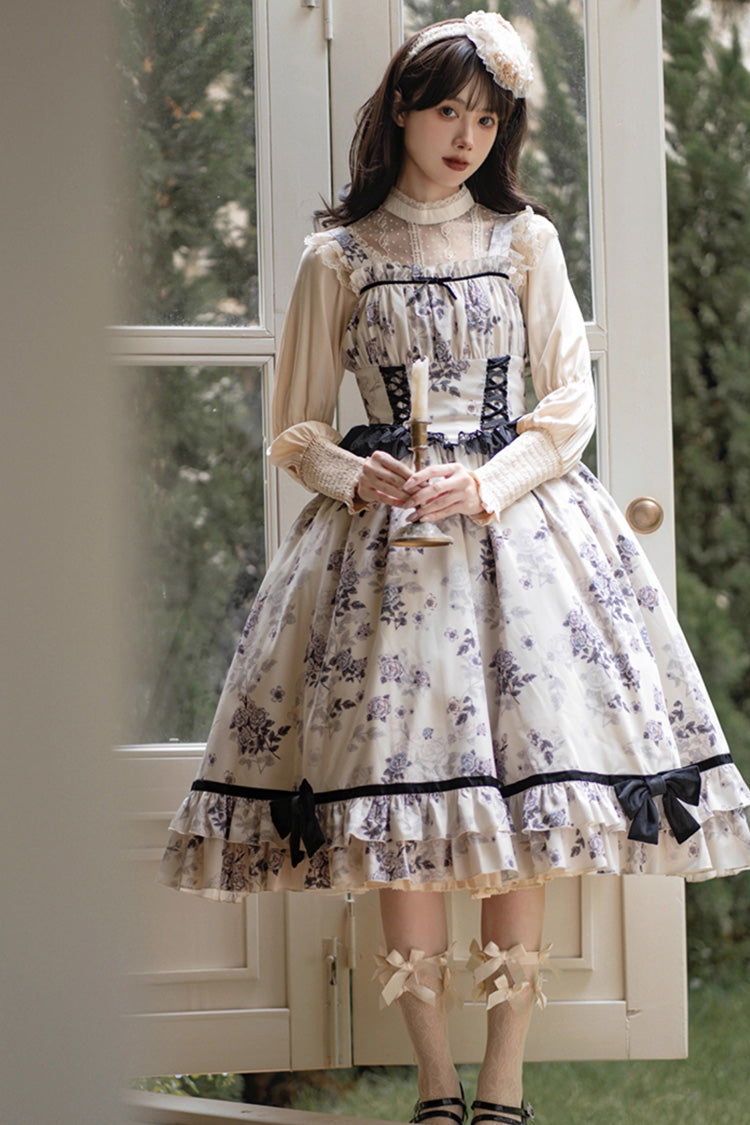 Ivory Rose Print Ruffle Sweet Elegant Princess Lolita Dress
