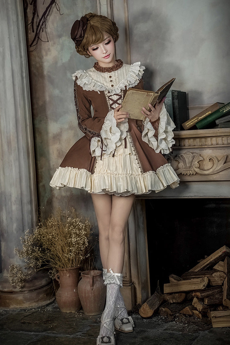 Brown/Beige Nutcracker Stand Collar Long Trumpet Sleeves Ruffle Cardigan Bowknot Lace-Up Sweet Lolita Dress Set 2 Versions