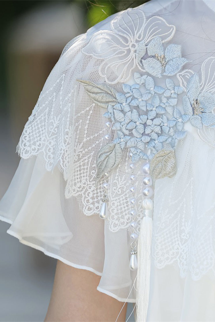 White Hydrangea Message Short Sleeves Print Ruffle Lace Sweet Chinese Style Elegant Lolita Dress
