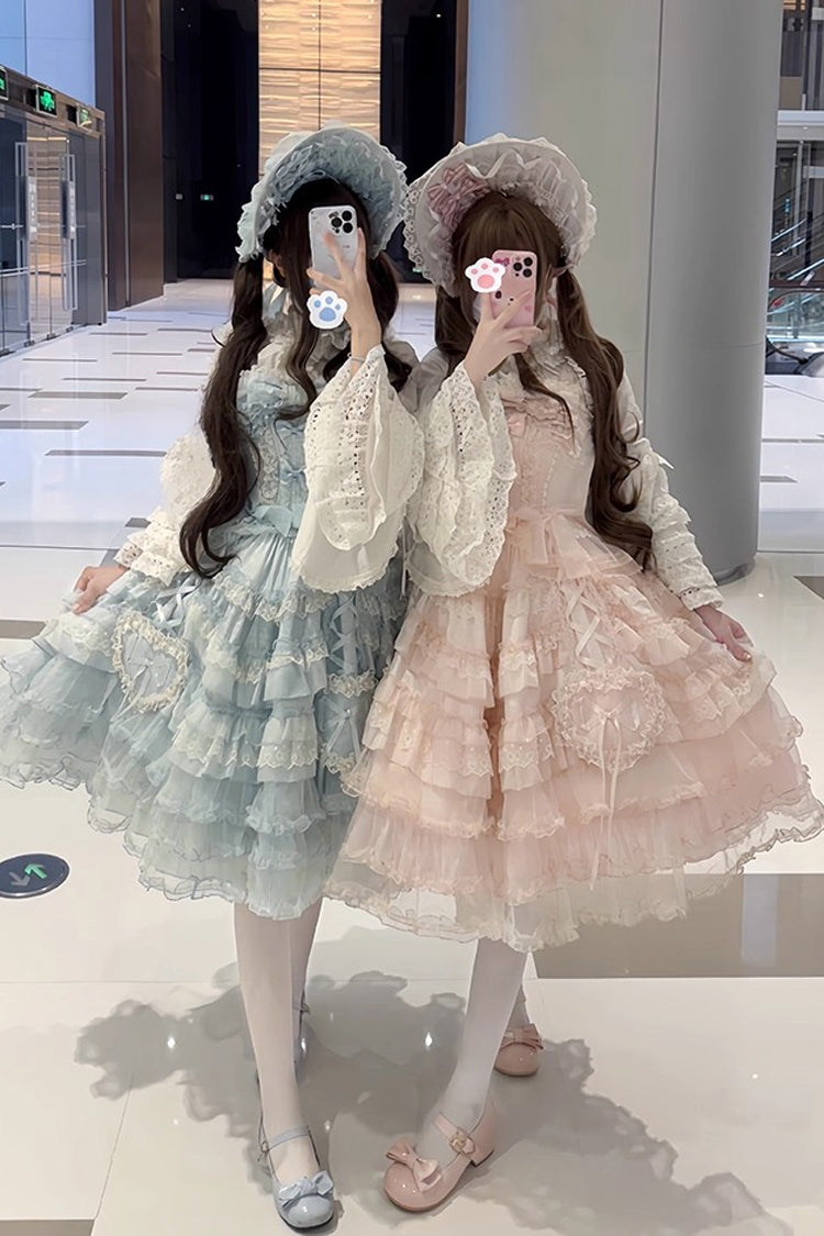 Blue Sweetheart Diary Multi-Layered Ruffle Hanayome Embroidery Bowknot Lace Sweet Lolita Jsk Dress