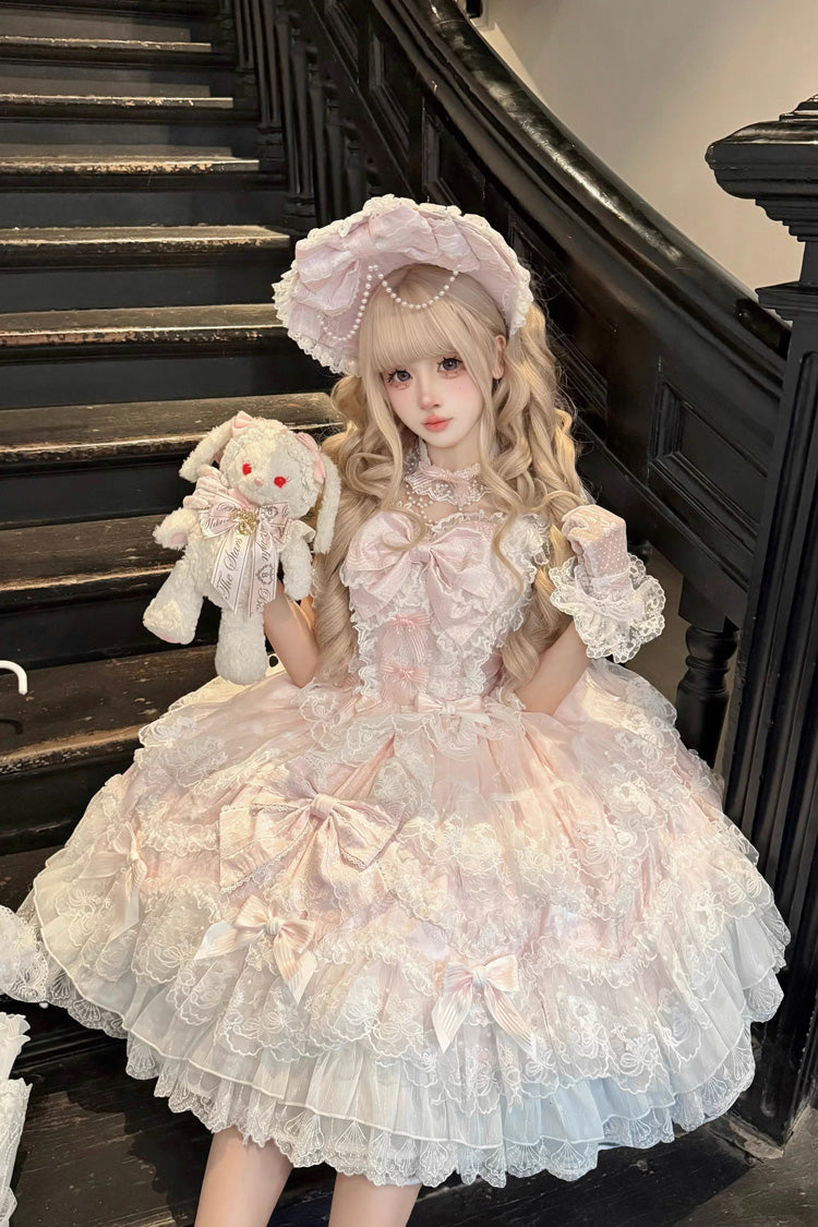 Pink Sakura Dream Romance Sleeveless Multi-Layered Ruffled Hanayome Bow Lace Sweet Princess Lolita Jsk Dress
