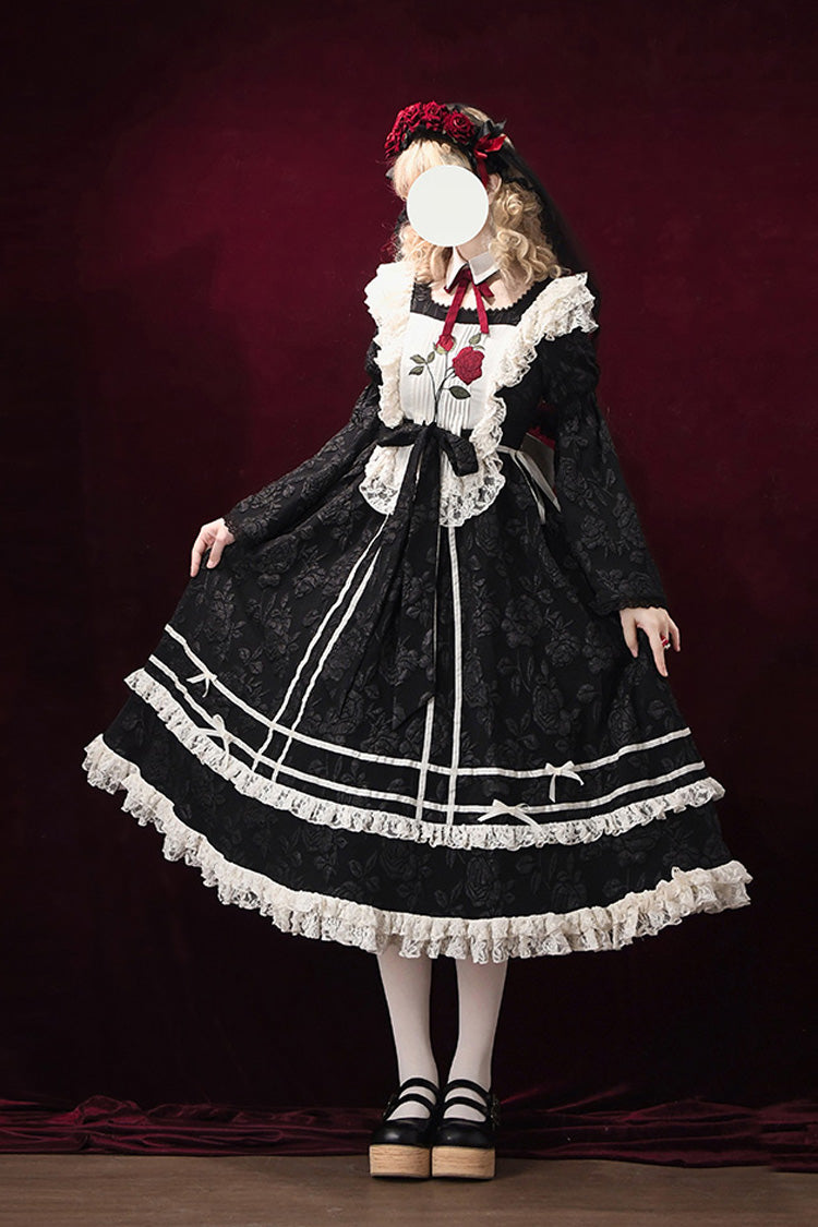 Black Rose Choir Double-Layered Ruffle Embroidery Bowknot Lace Gothic Elegant Nun Lolita Dress