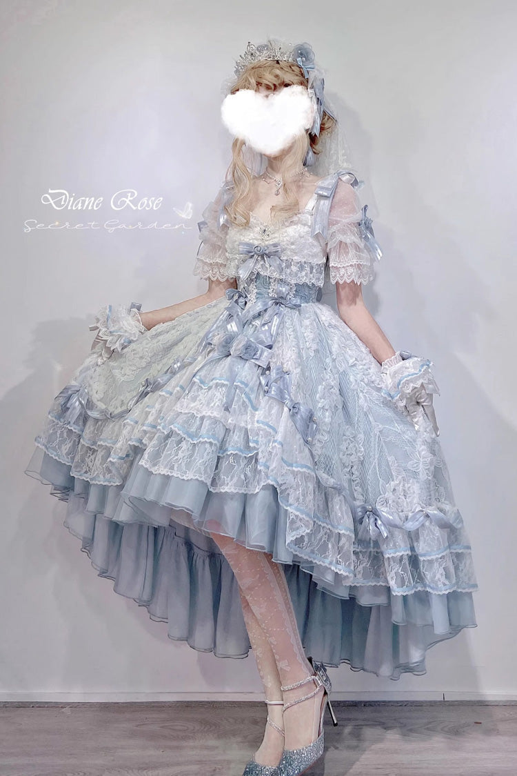 Blue Diane Rose Short Sleeves Multi-Layered Jacquard Ruffle Hanayome Cardigan Bowknot Lace Sweet Lolita Dress