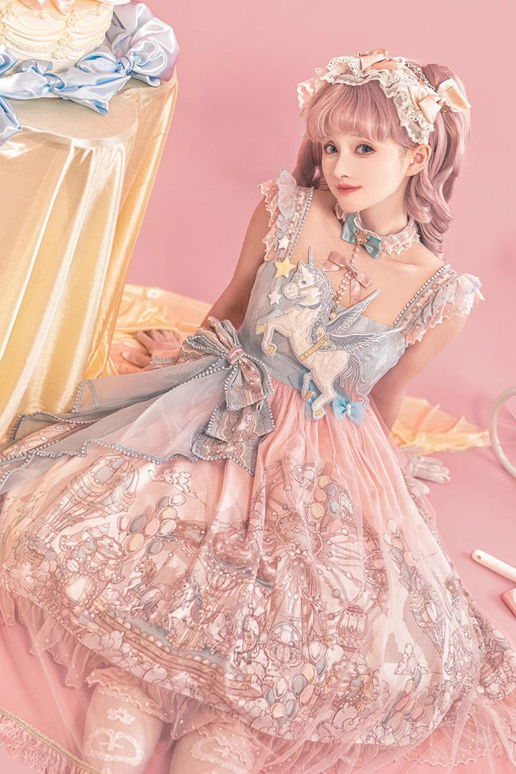 Pink Cloud Paradise Print Ruffle Embroidery Bowknot Lace Sweet Lolita Jsk Dress