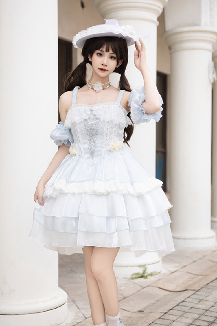 Light Blue Rose Of The Night Sea And Starry Sky Off Shoulder Multi-Layered Ruffle Embroidery Sweet Lolita Dress