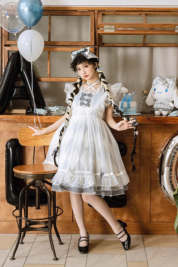 White/Blue Sleeveless Diamond Plaid Print Bowknot Alice Sweet Lolita JSK Dress