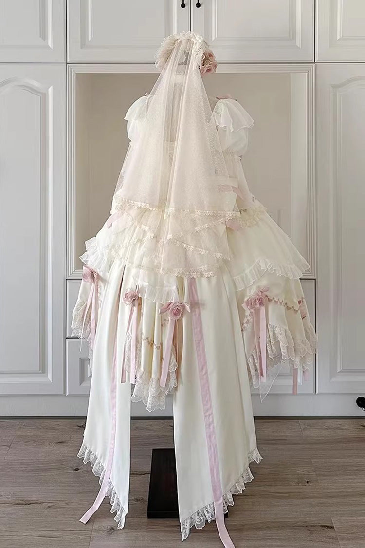 White Mist and Tulle Square Collar Multi-Layered Ruffled Hanayome Bow Lace Sweet Princess Gorgeous Lolita Dress