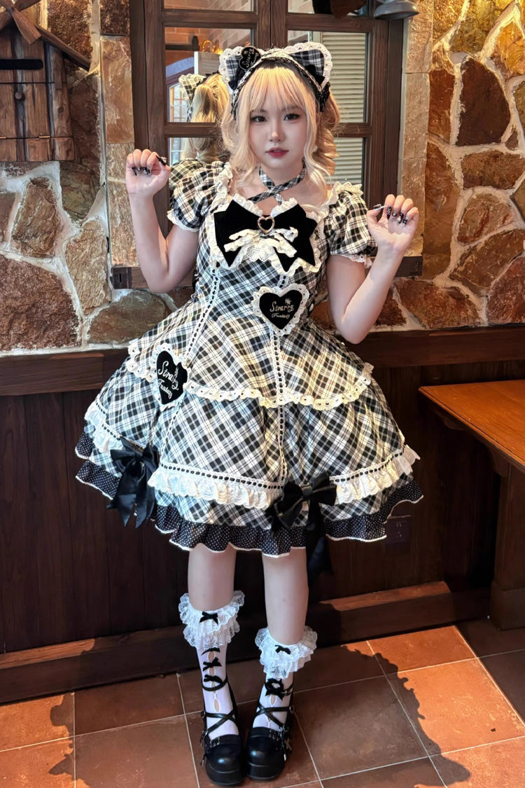 Black/White Shibuya Sweetheart Short Sleeves Plaid Print Ruffle Bowknot Sweet Lolita OP Dress (Plus Size Support)