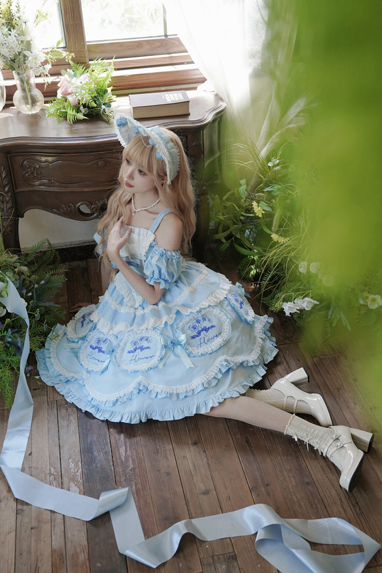 Blue Butterfly Dream Multi-Layered Print Ruffle Bowknot Sweet Princess Lolita Jsk Dress