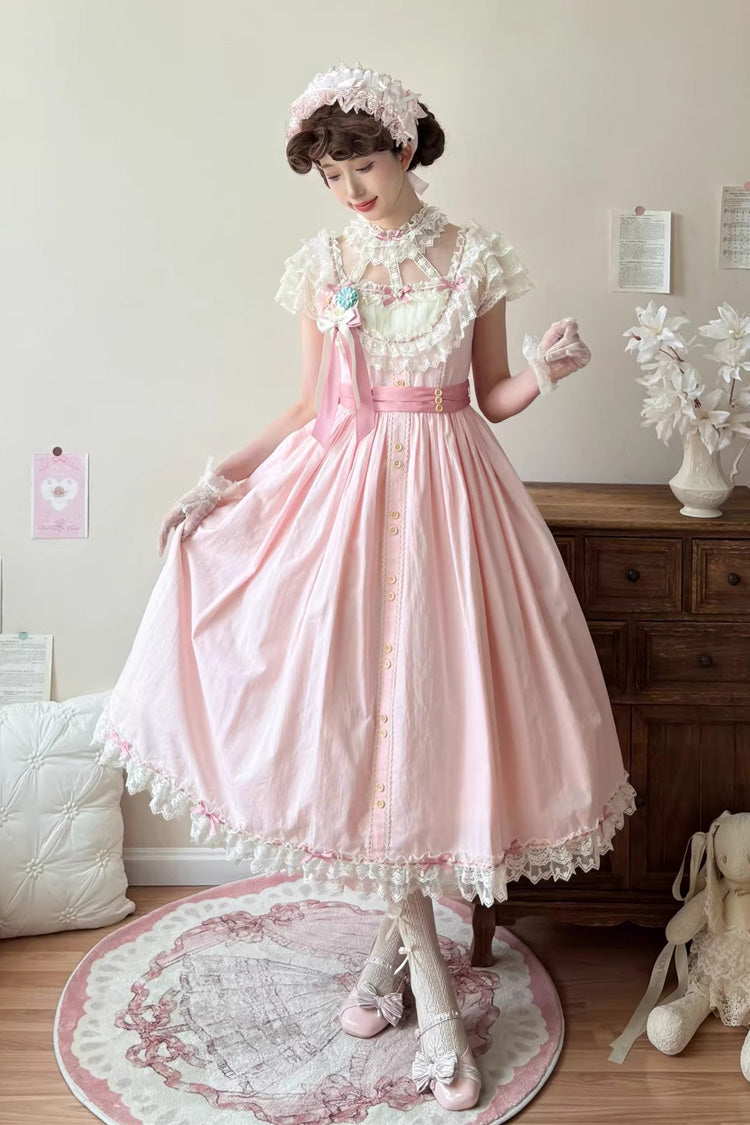 Pink Sakura's Spring Resonance Sleeveless Ruffled Bow Sweet Lolita Jsk Dress (Long Version)