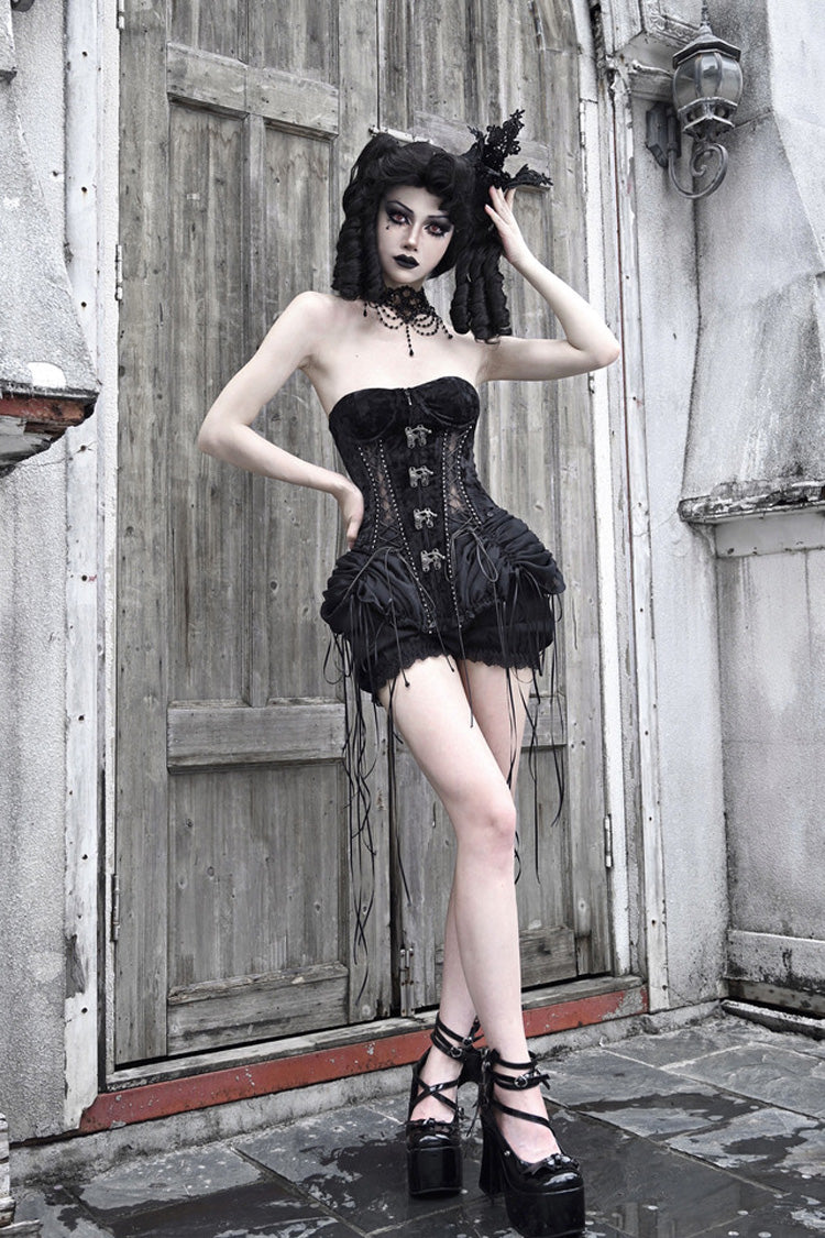 Black Hell Alice Hollow Lace-Up Fishbone Gothic Lolita Dress Corset