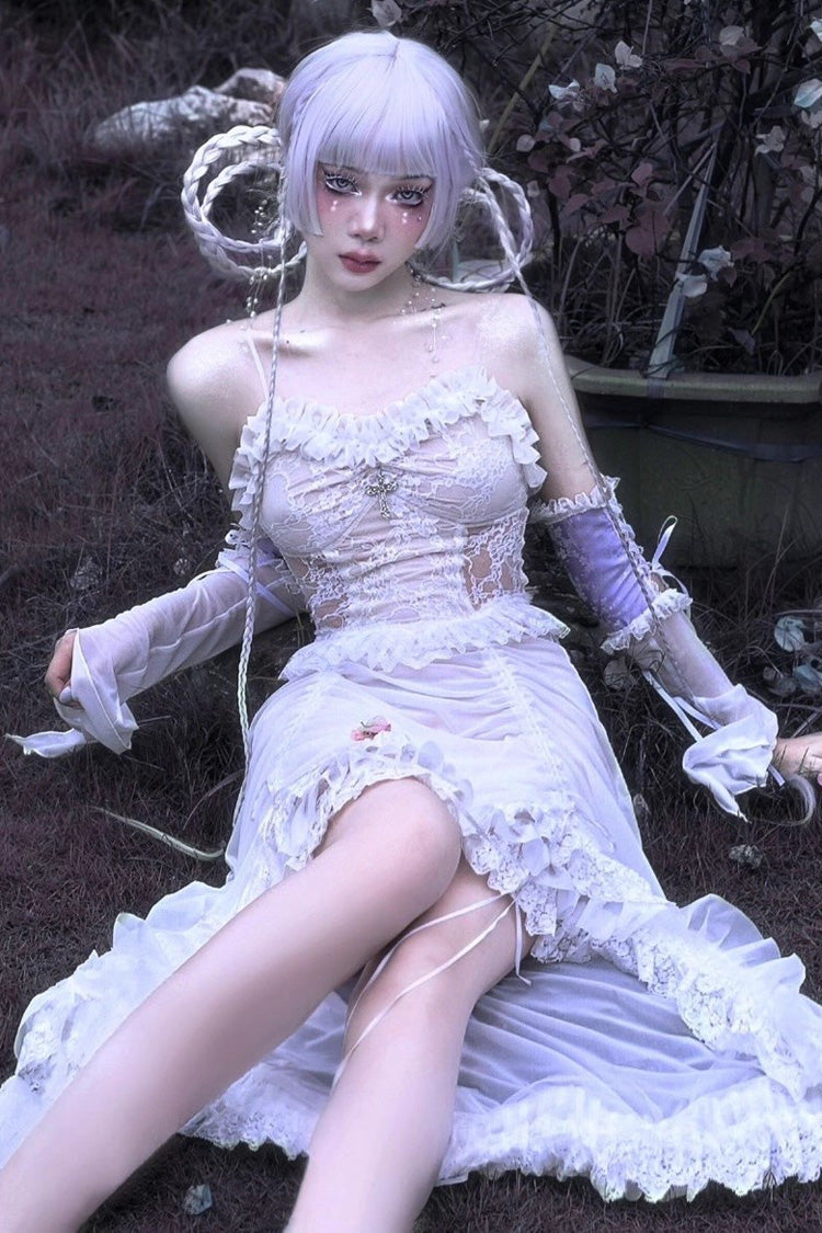 White Redemption of the Deity Drawstring Ruffle Embroidery Lace Pleated Gothic Lolita Jsk Dress