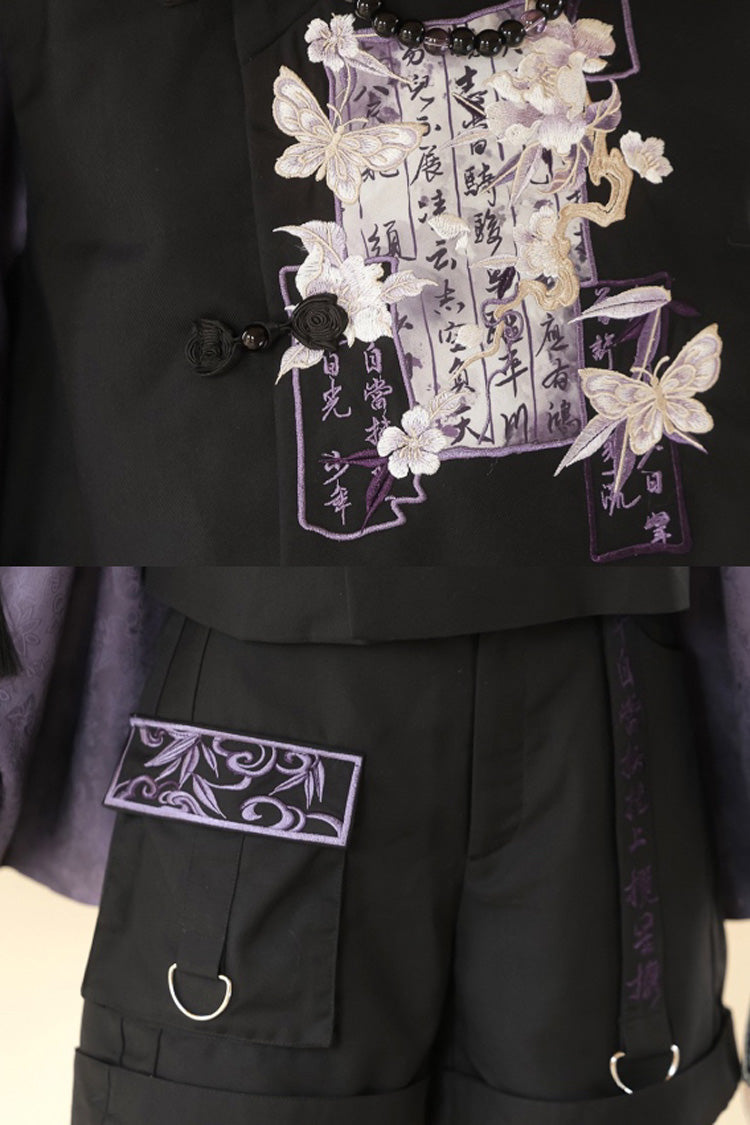 Black/Purple Stand Collar Long Sleeves Embroidery Classic Chinese Style Prince Hanfu Ouji Set