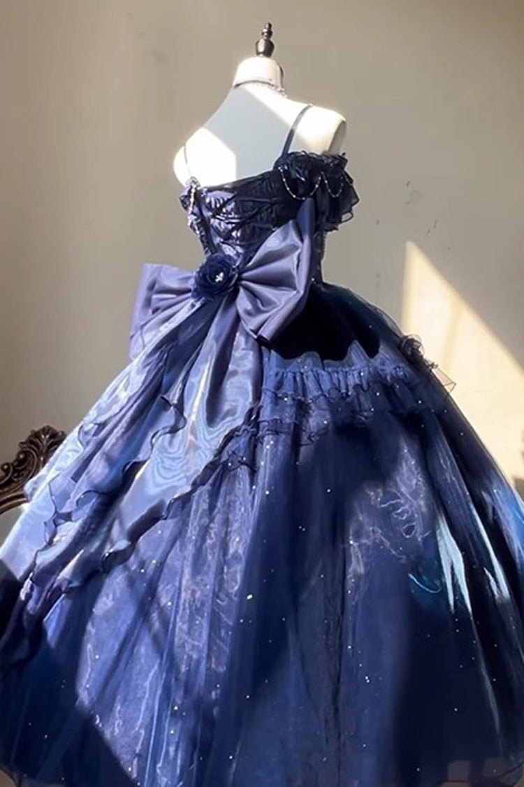 Blue Bright Stars Off Shoulder Ruffle Bowknot Asymmetric Sweet Elegant Princess Lolita Dress