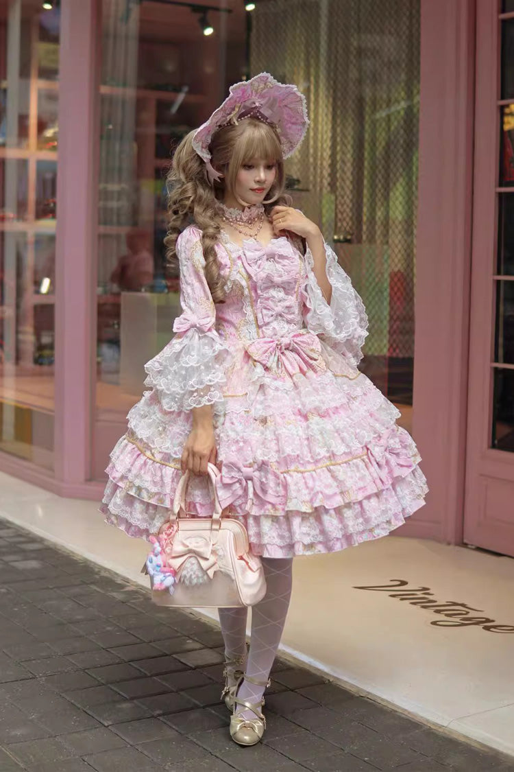 Pink Candlelight Elegance Long Trumpet Sleeves Multi-Layered Ruffle Bowknot Lace Sweet Elegant Lolita Dress