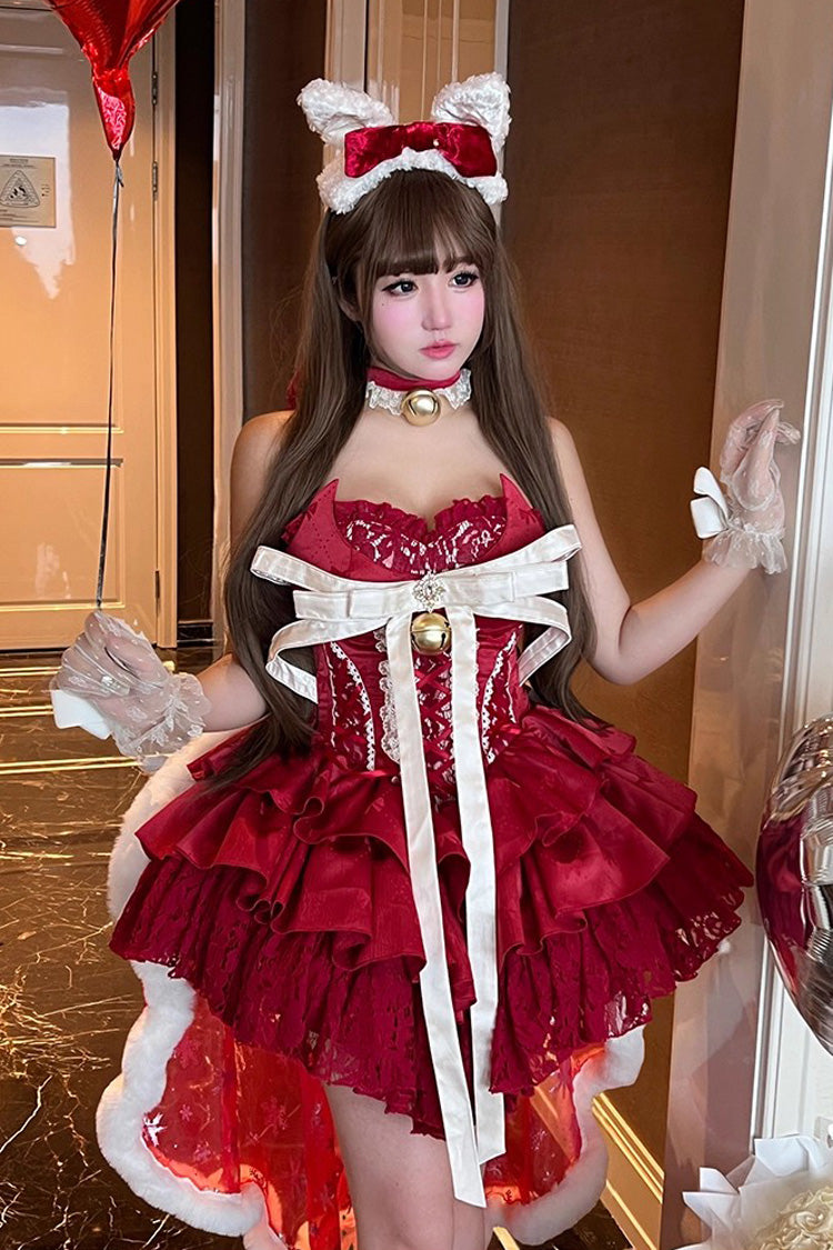 Red Holiday Lovers Sleeveless Triple-Layered Ruffle Hollow Bowknot Lace-Up Princess Ballet Sweet Lolita Dress
